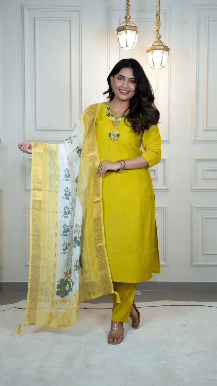 Designers Kurta Pent Set, Premium Roman Silk & Kurta Full Inner Cotton with Hand Work Neckline, Dupatta Heavy Quality Nylon Muslin jacquard With Latkan