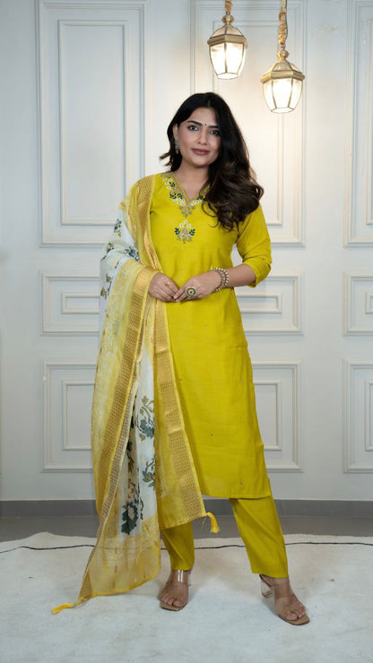 Designers Kurta Pent Set, Premium Roman Silk & Kurta Full Inner Cotton with Hand Work Neckline, Dupatta Heavy Quality Nylon Muslin jacquard With Latkan