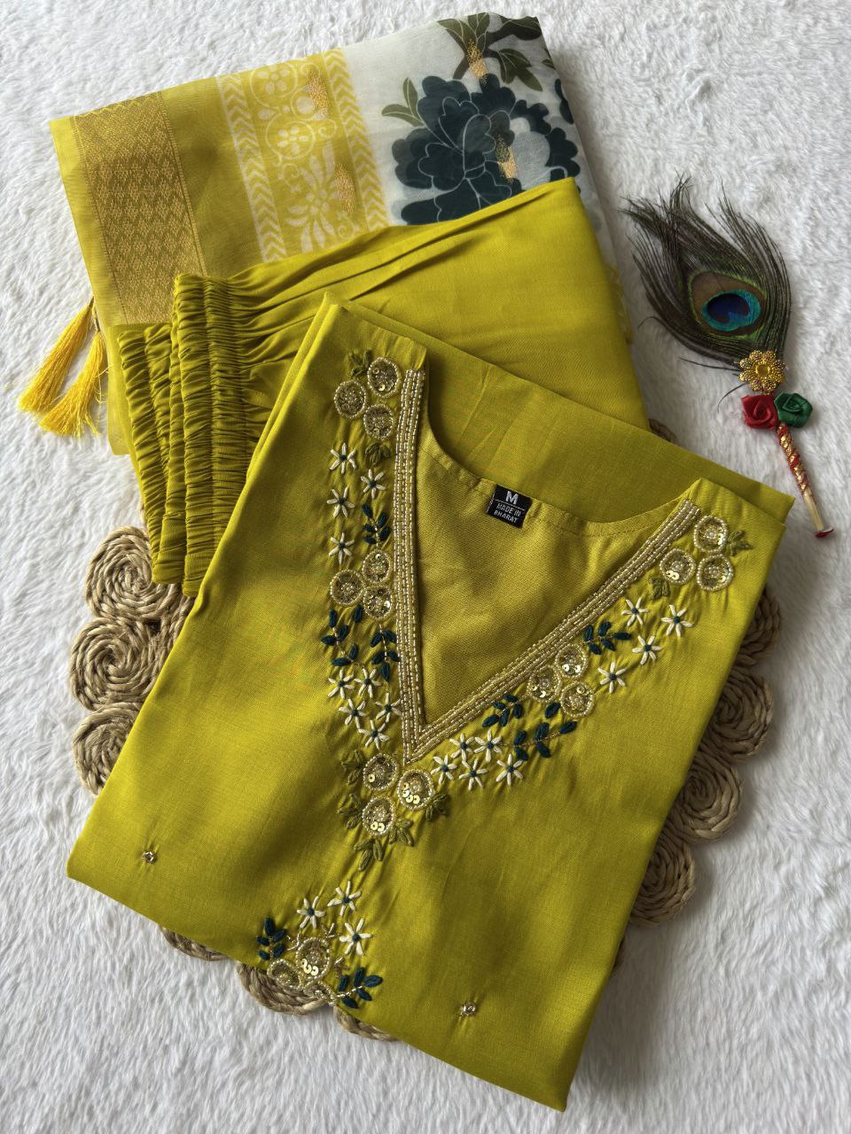 Designers Kurta Pent Set, Premium Roman Silk & Kurta Full Inner Cotton with Hand Work Neckline, Dupatta Heavy Quality Nylon Muslin jacquard With Latkan