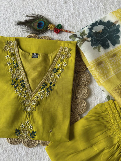 Designers Kurta Pent Set, Premium Roman Silk & Kurta Full Inner Cotton with Hand Work Neckline, Dupatta Heavy Quality Nylon Muslin jacquard With Latkan