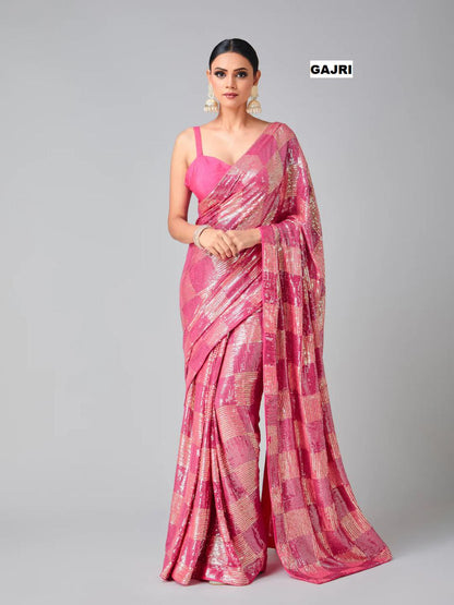 Luxury Heavy Georgette Saree with 3mm & 5mm Dual Sequins Work and Plain Banglori Silk Blouse