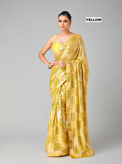 Luxury Heavy Georgette Saree with 3mm & 5mm Dual Sequins Work and Plain Banglori Silk Blouse