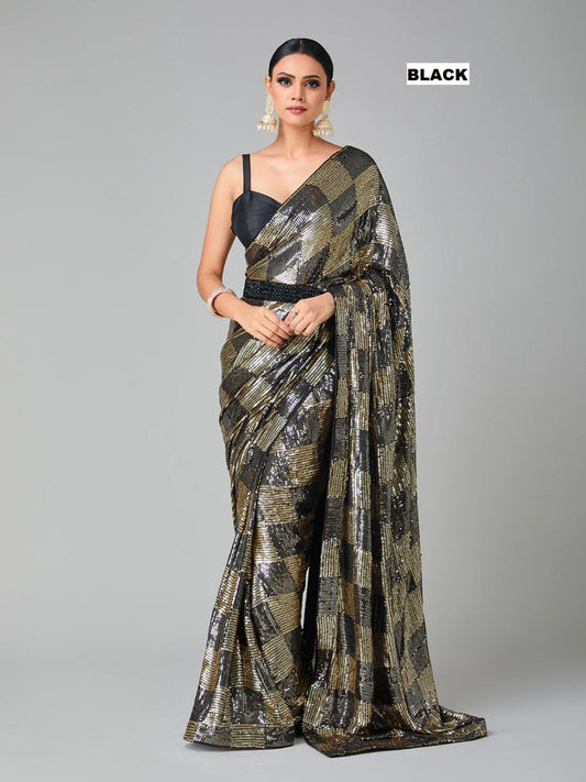 Luxury Heavy Georgette Saree with 3mm & 5mm Dual Sequins Work and Plain Banglori Silk Blouse