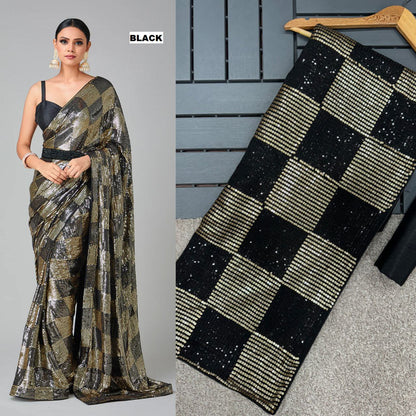 Luxury Heavy Georgette Saree with 3mm & 5mm Dual Sequins Work and Plain Banglori Silk Blouse