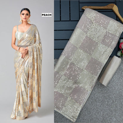 Luxury Heavy Georgette Saree with 3mm & 5mm Dual Sequins Work and Plain Banglori Silk Blouse