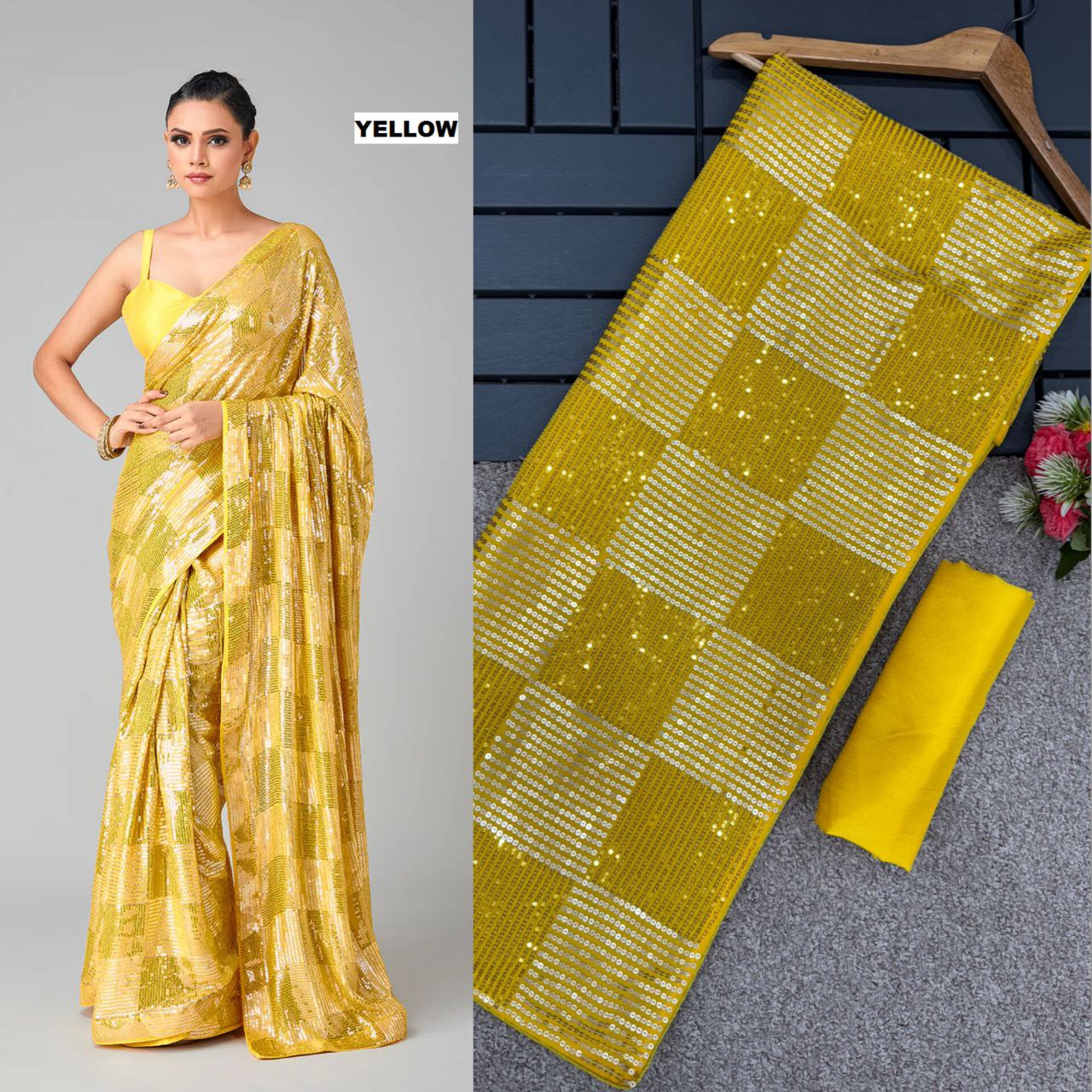 Luxury Heavy Georgette Saree with 3mm & 5mm Dual Sequins Work and Plain Banglori Silk Blouse