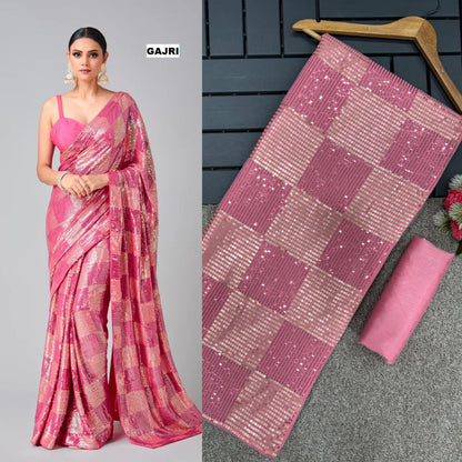 Luxury Heavy Georgette Saree with 3mm & 5mm Dual Sequins Work and Plain Banglori Silk Blouse
