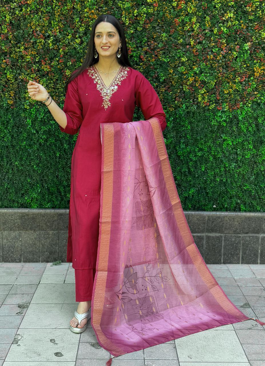 Designers Kurta Pent Set, Premium Roman Silk & Kurta Full Inner Cotton with Hand Work Neckline, Dupatta Heavy Chanderi jacquard With Digital Print With Latkan