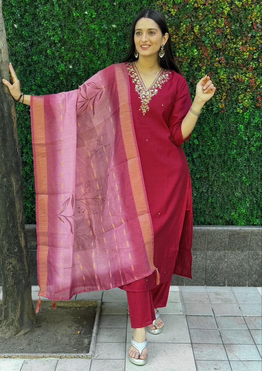 Designers Kurta Pent Set, Premium Roman Silk & Kurta Full Inner Cotton with Hand Work Neckline, Dupatta Heavy Chanderi jacquard With Digital Print With Latkan