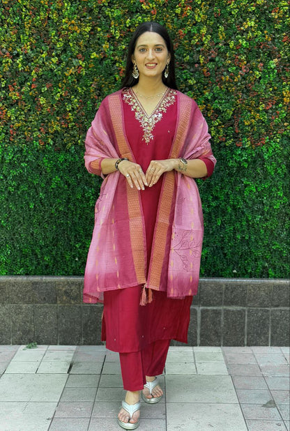 Designers Kurta Pent Set, Premium Roman Silk & Kurta Full Inner Cotton with Hand Work Neckline, Dupatta Heavy Chanderi jacquard With Digital Print With Latkan