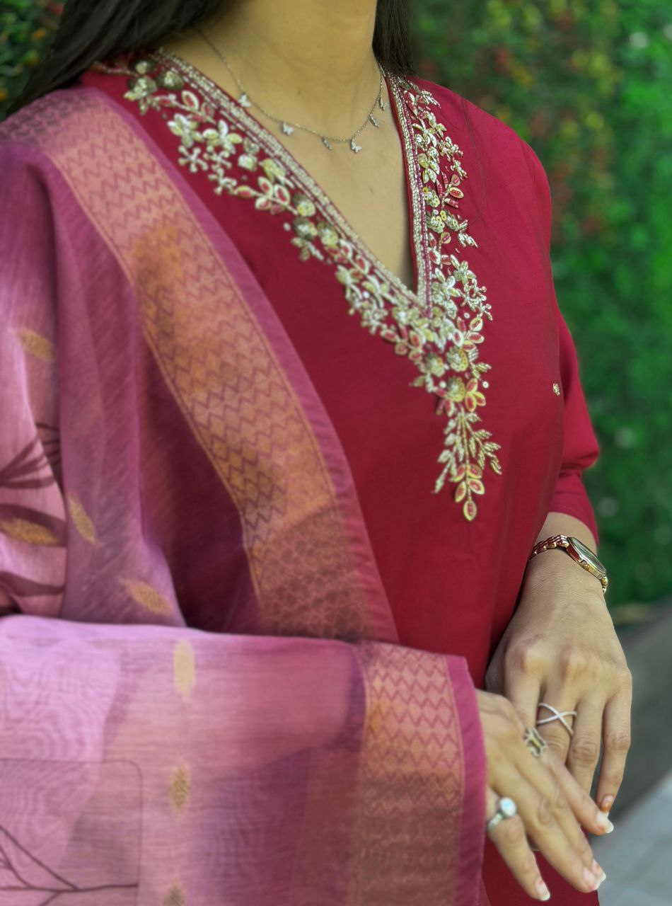 Designers Kurta Pent Set, Premium Roman Silk & Kurta Full Inner Cotton with Hand Work Neckline, Dupatta Heavy Chanderi jacquard With Digital Print With Latkan