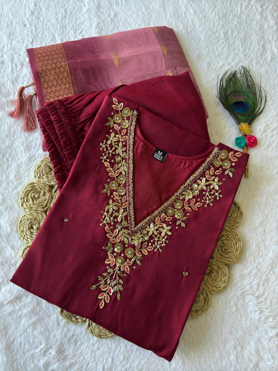 Designers Kurta Pent Set, Premium Roman Silk & Kurta Full Inner Cotton with Hand Work Neckline, Dupatta Heavy Chanderi jacquard With Digital Print With Latkan