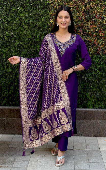 Designers Kurta Pent Set, Premium Roman Silk & Kurta Full Inner Cotton with Hand Work Neckline, Dupatta Heavy Quality Nylon Muslin jacquard With Latkan