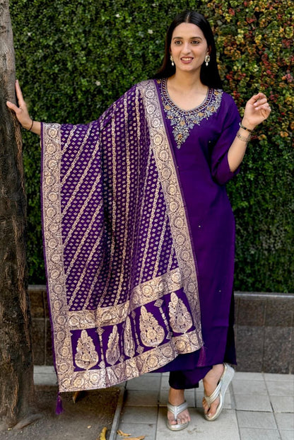 Designers Kurta Pent Set, Premium Roman Silk & Kurta Full Inner Cotton with Hand Work Neckline, Dupatta Heavy Quality Nylon Muslin jacquard With Latkan