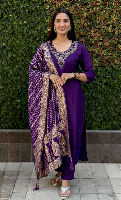 Designers Kurta Pent Set, Premium Roman Silk & Kurta Full Inner Cotton with Hand Work Neckline, Dupatta Heavy Quality Nylon Muslin jacquard With Latkan