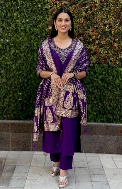 Designers Kurta Pent Set, Premium Roman Silk & Kurta Full Inner Cotton with Hand Work Neckline, Dupatta Heavy Quality Nylon Muslin jacquard With Latkan