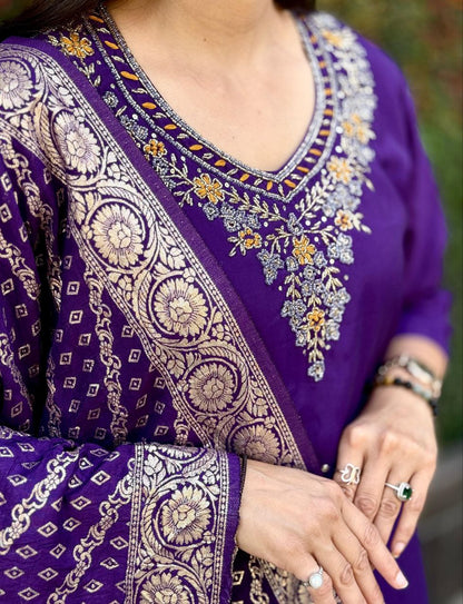 Designers Kurta Pent Set, Premium Roman Silk & Kurta Full Inner Cotton with Hand Work Neckline, Dupatta Heavy Quality Nylon Muslin jacquard With Latkan