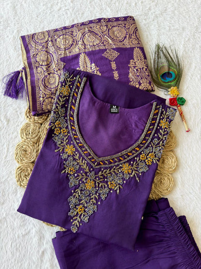 Designers Kurta Pent Set, Premium Roman Silk & Kurta Full Inner Cotton with Hand Work Neckline, Dupatta Heavy Quality Nylon Muslin jacquard With Latkan