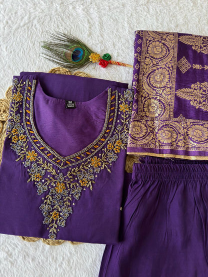 Designers Kurta Pent Set, Premium Roman Silk & Kurta Full Inner Cotton with Hand Work Neckline, Dupatta Heavy Quality Nylon Muslin jacquard With Latkan