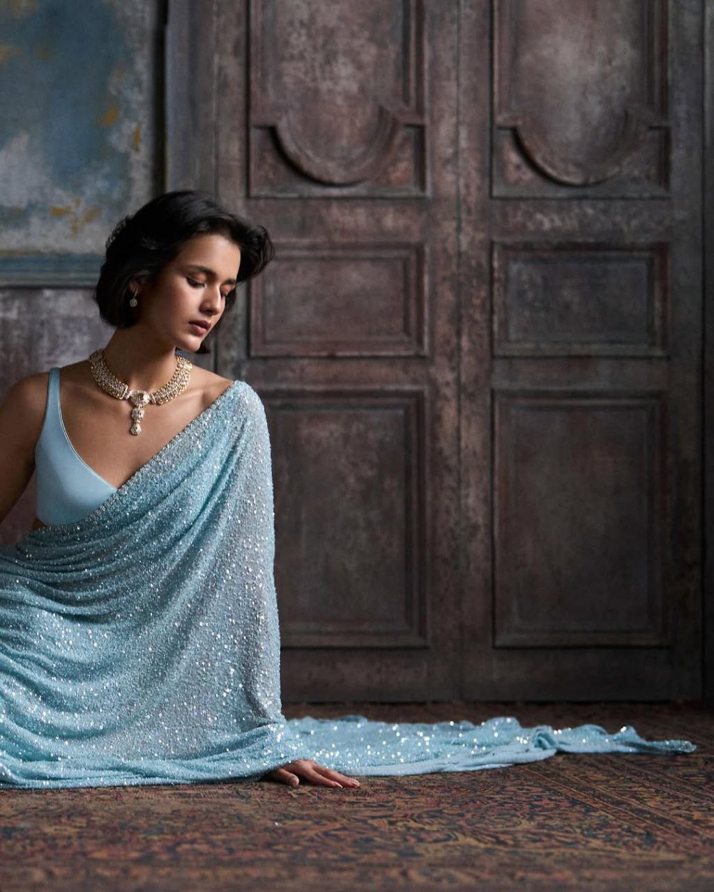 New Bollywood Blockbuster Faux Georgette Saree with Heavy Khichdi Sequin Embroidery & Cutwork Lace Border