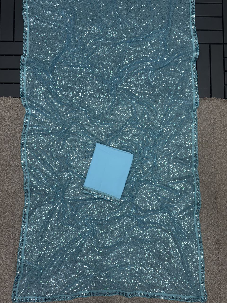 New Bollywood Blockbuster Faux Georgette Saree with Heavy Khichdi Sequin Embroidery & Cutwork Lace Border