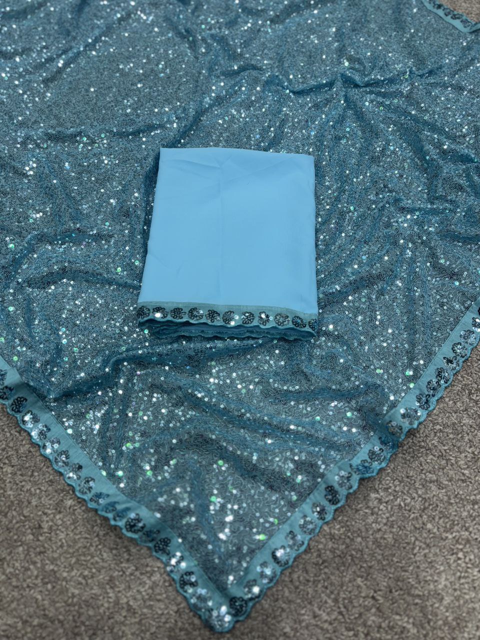 New Bollywood Blockbuster Faux Georgette Saree with Heavy Khichdi Sequin Embroidery & Cutwork Lace Border