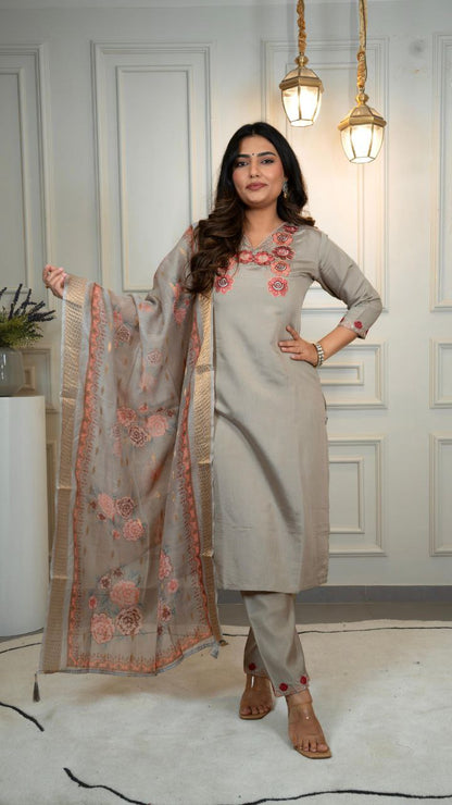 Designers Kurti Pent Dupatta Set, Premium Roman Silk, Dupatta Hevay Chanderi With Digital Print With Latkan and Kurta Embroidery MultI With Sequence Work with Cotton Inner (Full)