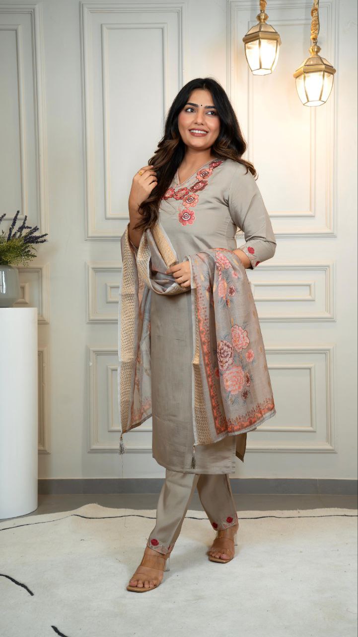 Designers Kurti Pent Dupatta Set, Premium Roman Silk, Dupatta Hevay Chanderi With Digital Print With Latkan and Kurta Embroidery MultI With Sequence Work with Cotton Inner (Full)