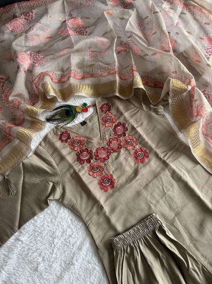 Designers Kurti Pent Dupatta Set, Premium Roman Silk, Dupatta Hevay Chanderi With Digital Print With Latkan and Kurta Embroidery MultI With Sequence Work with Cotton Inner (Full)