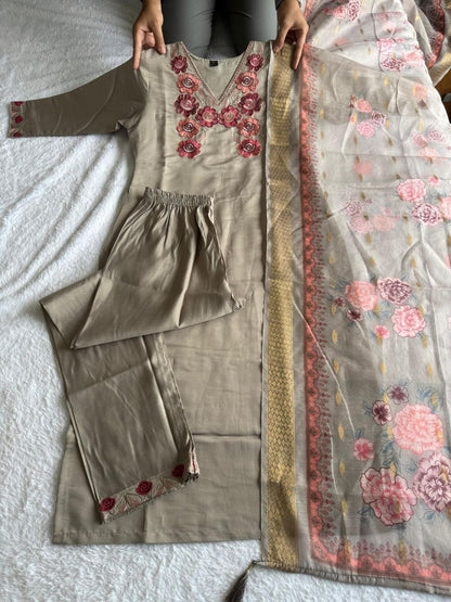 Designers Kurti Pent Dupatta Set, Premium Roman Silk, Dupatta Hevay Chanderi With Digital Print With Latkan and Kurta Embroidery MultI With Sequence Work with Cotton Inner (Full)