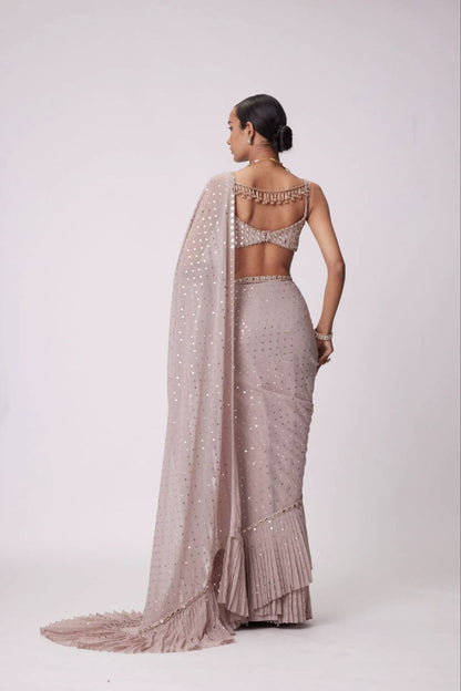 Women’s Faux Georgette Saree with Heavy 5MM Sequin & Mirror Embroidery | Crush Pleated Saree with Designer Blouse | Party & Festive Wear