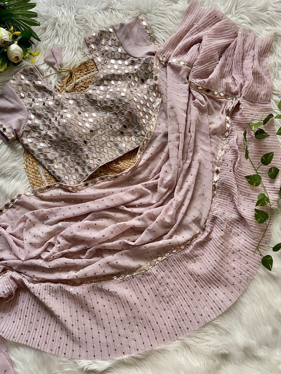 Women’s Faux Georgette Saree with Heavy 5MM Sequin & Mirror Embroidery | Crush Pleated Saree with Designer Blouse | Party & Festive Wear