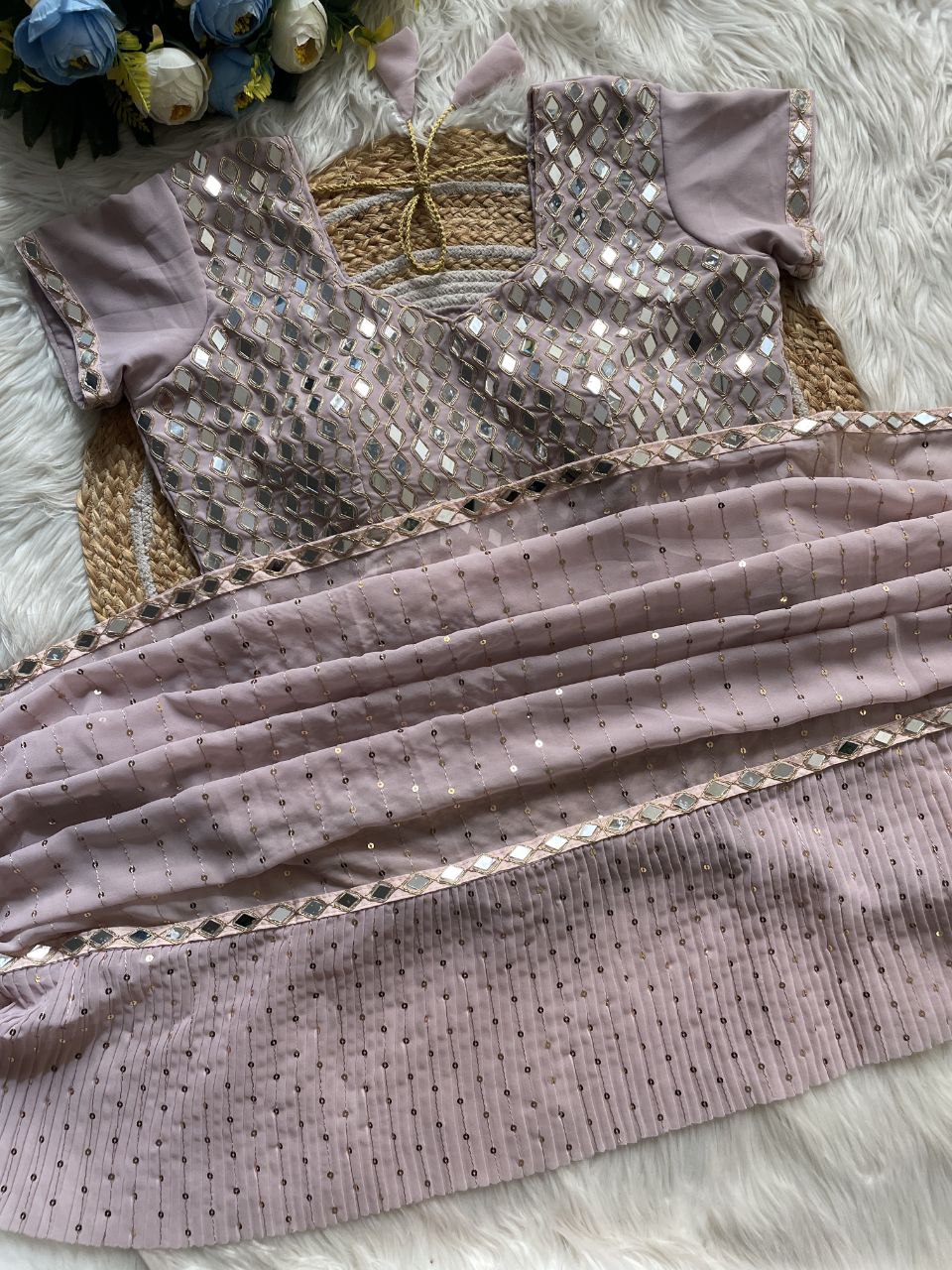 Women’s Faux Georgette Saree with Heavy 5MM Sequin & Mirror Embroidery | Crush Pleated Saree with Designer Blouse | Party & Festive Wear