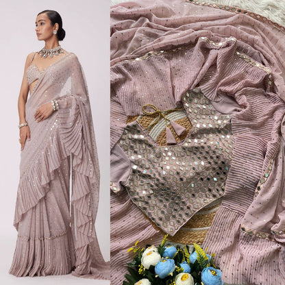 Women’s Faux Georgette Saree with Heavy 5MM Sequin & Mirror Embroidery | Crush Pleated Saree with Designer Blouse | Party & Festive Wear