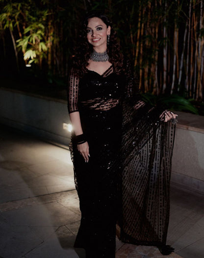 Luxury Heavy Butterfly Net Saree with 5mm Sequin Embroidery & Zalar Detailing | Mono Net Blouse with Embroidered Sequin Work