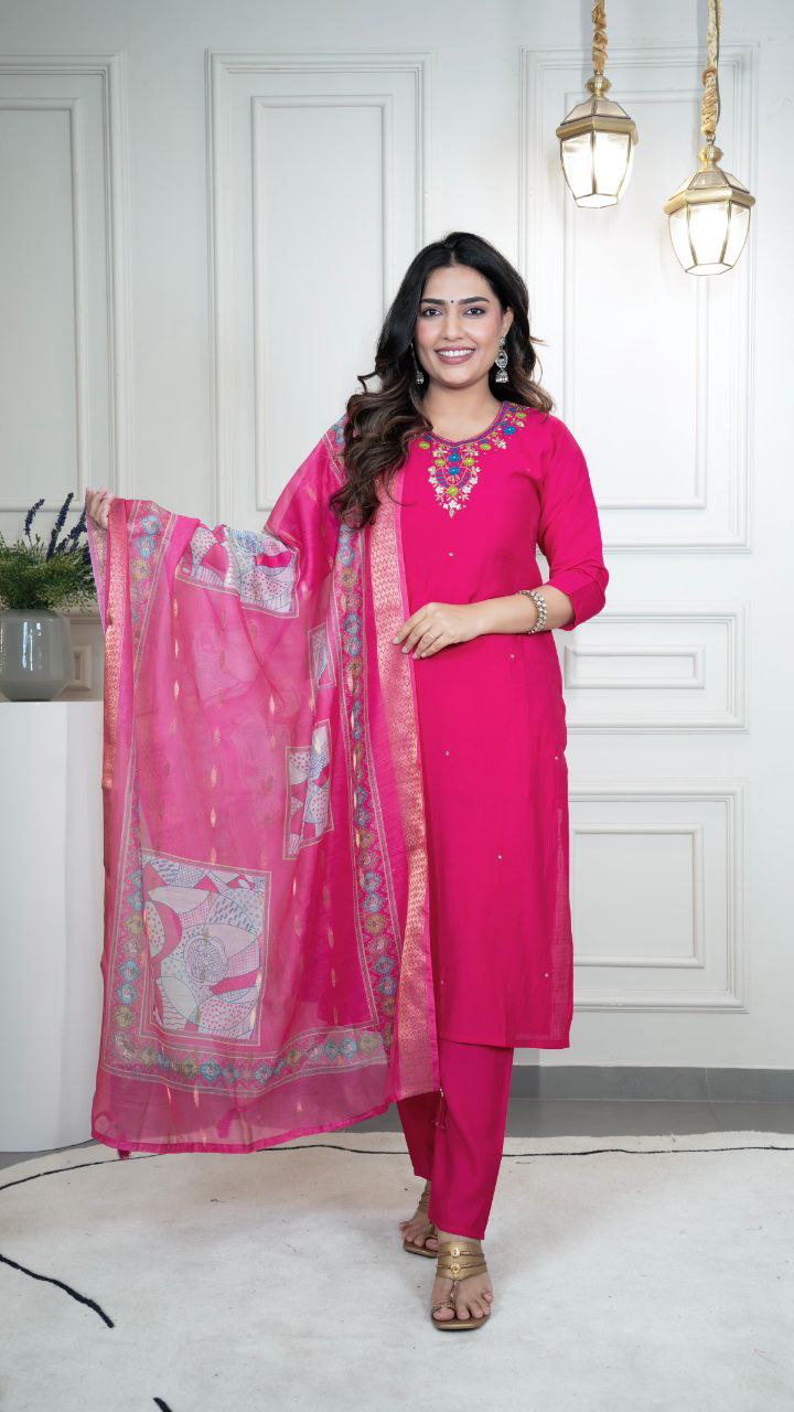 Designers Kurti Pent Dupatta Set, Premium Roman Silk, Dupatta Hevay Chanderi With Digital Print With Latkan and Kurta Embroidery MultI Work with Cotton Inner (Full)