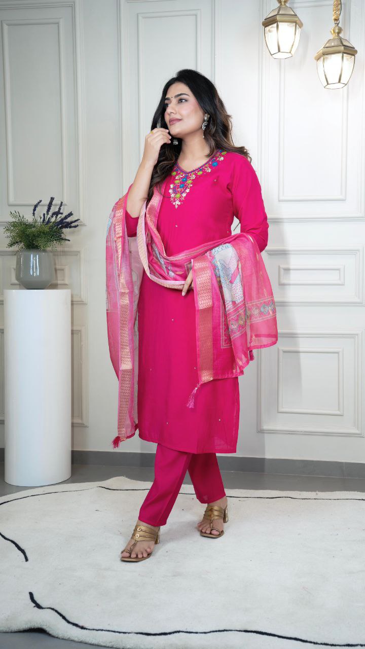 Designers Kurti Pent Dupatta Set, Premium Roman Silk, Dupatta Hevay Chanderi With Digital Print With Latkan and Kurta Embroidery MultI Work with Cotton Inner (Full)