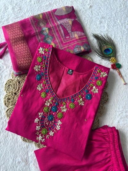 Designers Kurti Pent Dupatta Set, Premium Roman Silk, Dupatta Hevay Chanderi With Digital Print With Latkan and Kurta Embroidery MultI Work with Cotton Inner (Full)