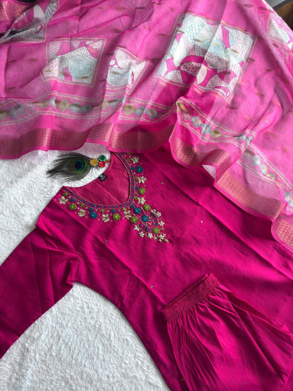 Designers Kurti Pent Dupatta Set, Premium Roman Silk, Dupatta Hevay Chanderi With Digital Print With Latkan and Kurta Embroidery MultI Work with Cotton Inner (Full)