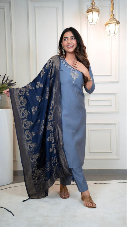 Designers Kurta Pent Set, Premium Roman Silk & Kurta Full Inner Cotton with Hand Work Neckline, Dupatta Heavy Quality Nylon Muslin jacquard With Latkan