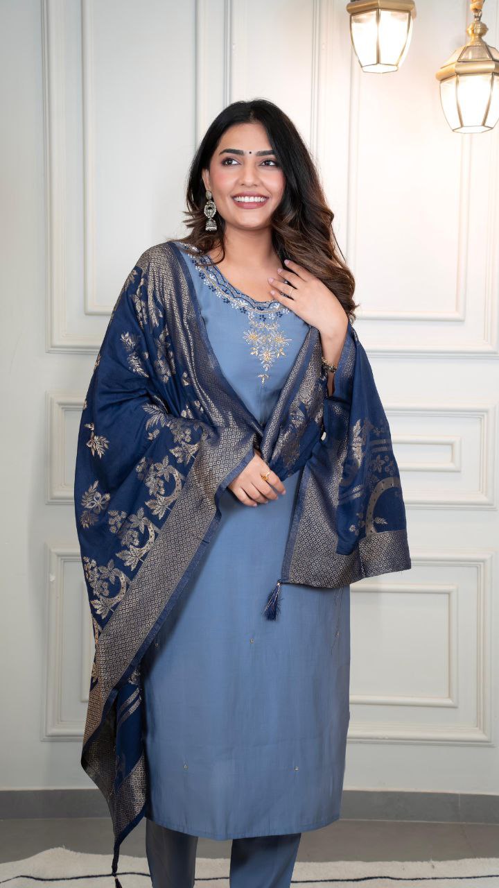 Designers Kurta Pent Set, Premium Roman Silk & Kurta Full Inner Cotton with Hand Work Neckline, Dupatta Heavy Quality Nylon Muslin jacquard With Latkan