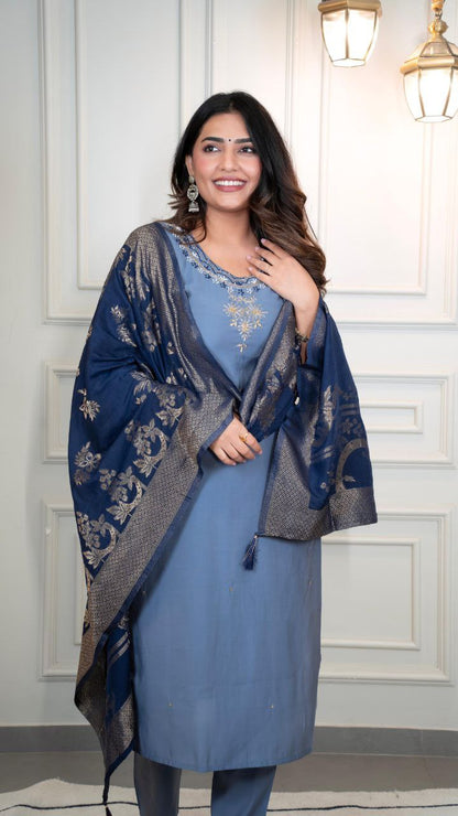 Designers Kurta Pent Set, Premium Roman Silk & Kurta Full Inner Cotton with Hand Work Neckline, Dupatta Heavy Quality Nylon Muslin jacquard With Latkan
