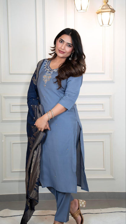 Designers Kurta Pent Set, Premium Roman Silk & Kurta Full Inner Cotton with Hand Work Neckline, Dupatta Heavy Quality Nylon Muslin jacquard With Latkan