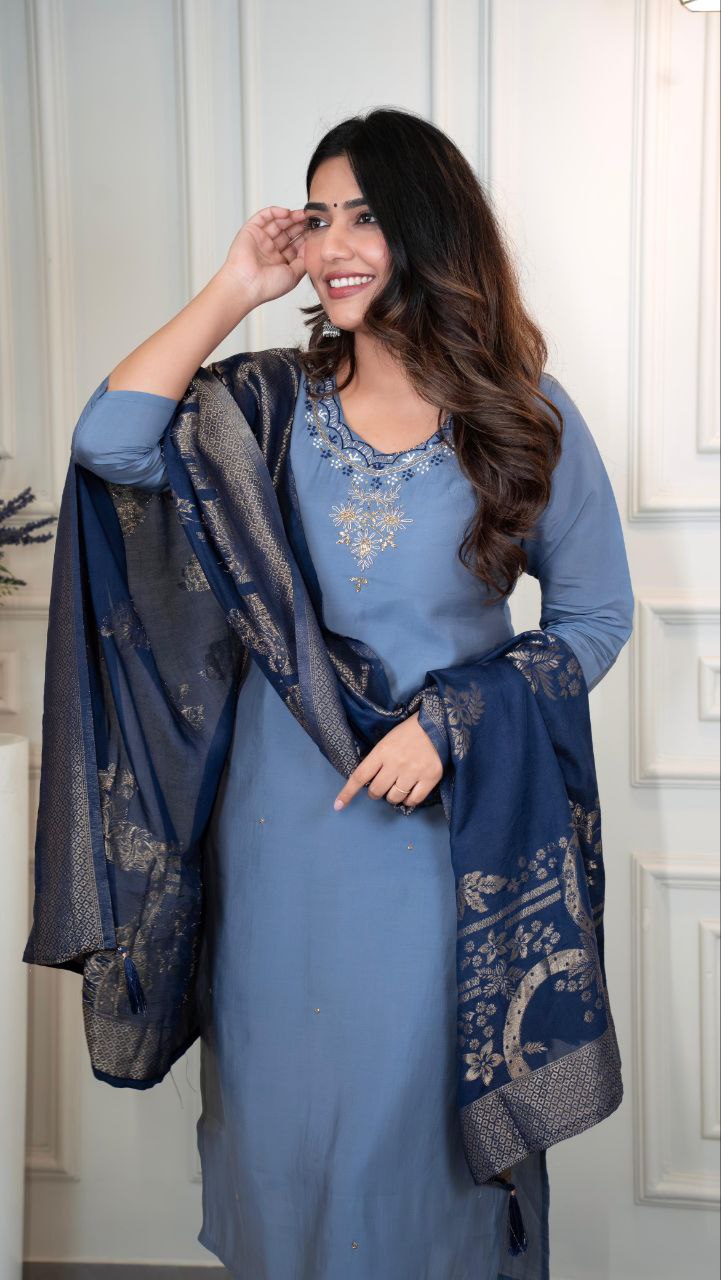 Designers Kurta Pent Set, Premium Roman Silk & Kurta Full Inner Cotton with Hand Work Neckline, Dupatta Heavy Quality Nylon Muslin jacquard With Latkan