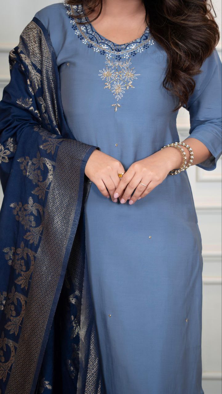 Designers Kurta Pent Set, Premium Roman Silk & Kurta Full Inner Cotton with Hand Work Neckline, Dupatta Heavy Quality Nylon Muslin jacquard With Latkan