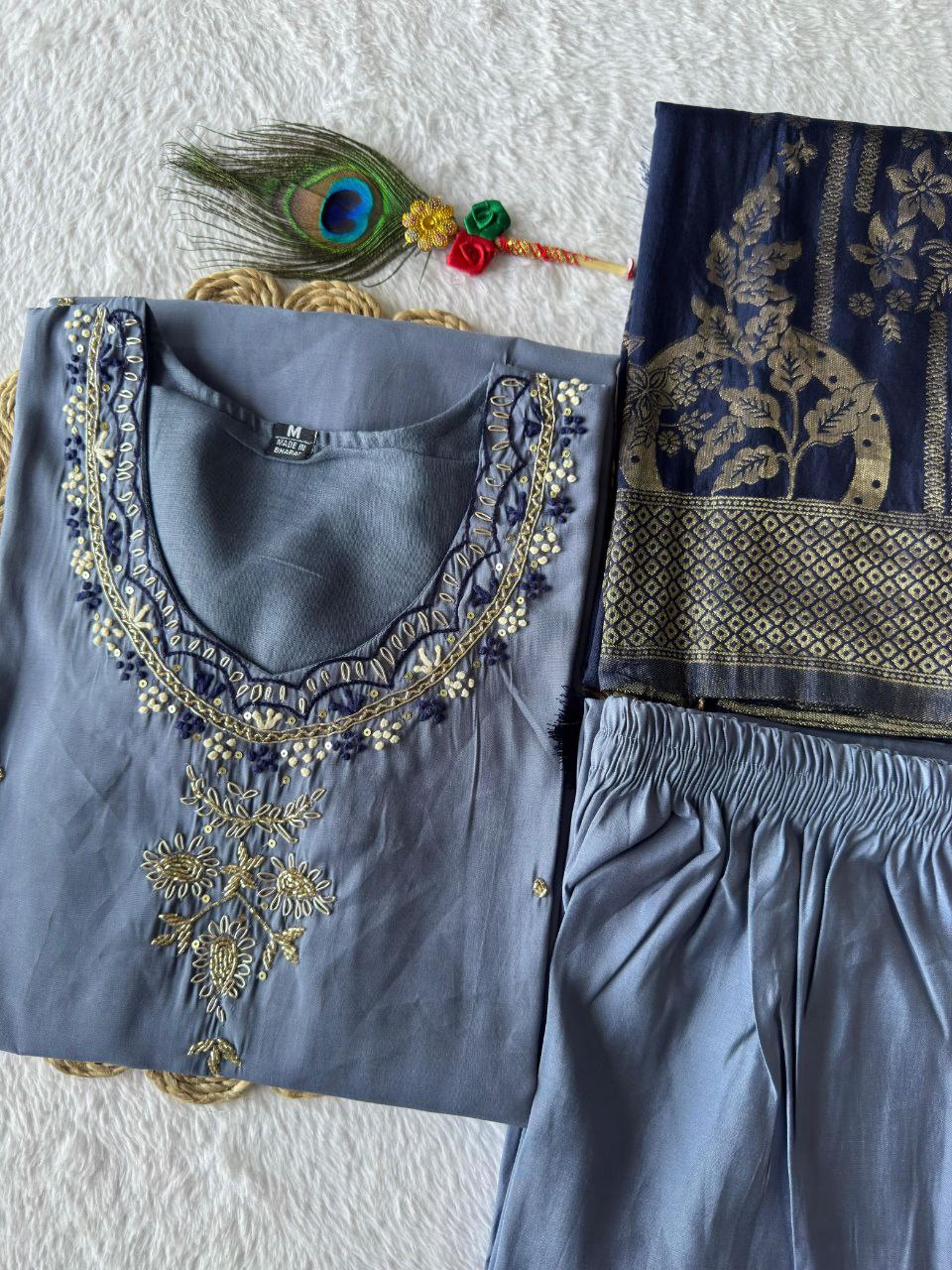 Designers Kurta Pent Set, Premium Roman Silk & Kurta Full Inner Cotton with Hand Work Neckline, Dupatta Heavy Quality Nylon Muslin jacquard With Latkan