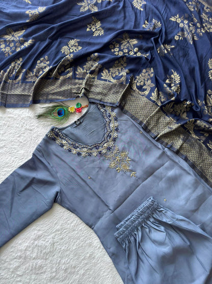 Designers Kurta Pent Set, Premium Roman Silk & Kurta Full Inner Cotton with Hand Work Neckline, Dupatta Heavy Quality Nylon Muslin jacquard With Latkan
