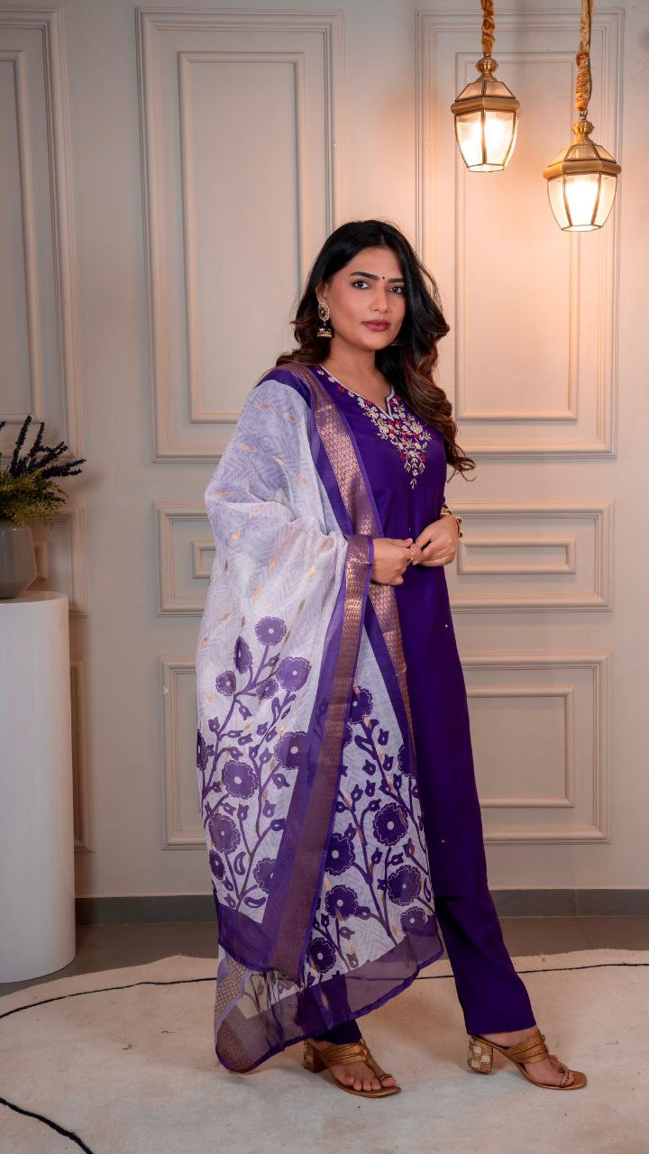 Designers Kurta Pent Set, Premium Roman Silk & Kurta Full Inner Cotton with Hand Work Neckline, Dupatta Heavy Quality Nylon Muslin jacquard With Latkan