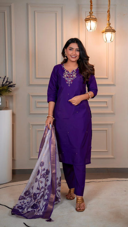 Designers Kurta Pent Set, Premium Roman Silk & Kurta Full Inner Cotton with Hand Work Neckline, Dupatta Heavy Quality Nylon Muslin jacquard With Latkan