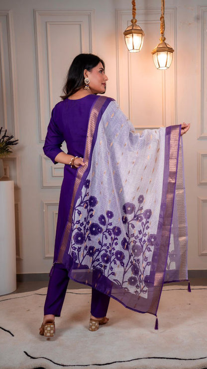 Designers Kurta Pent Set, Premium Roman Silk & Kurta Full Inner Cotton with Hand Work Neckline, Dupatta Heavy Quality Nylon Muslin jacquard With Latkan